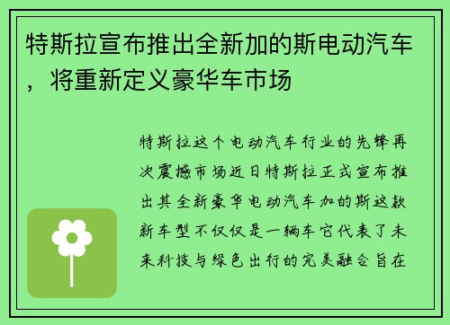 特斯拉宣布推出全新加的斯电动汽车，将重新定义豪华车市场